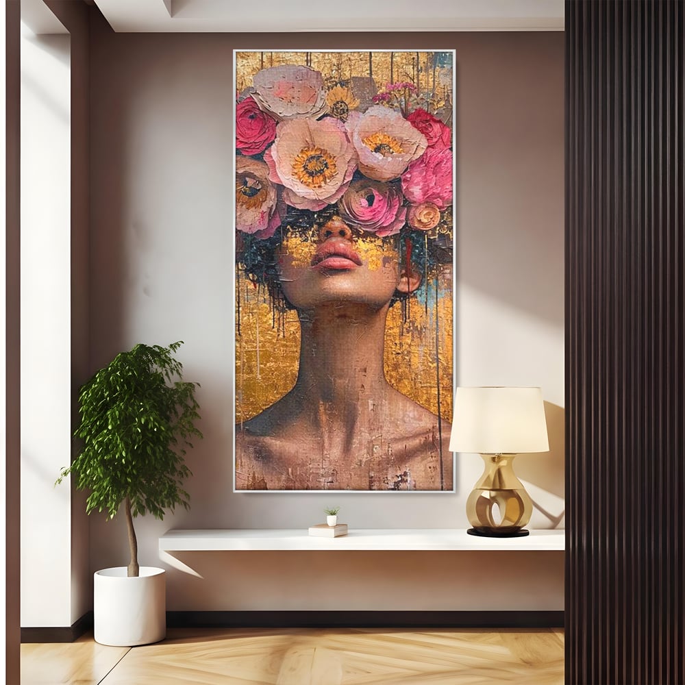 Tablou canvas cu tablou canvas cu portret artistic si flori, in rama de aluminiu argintiu